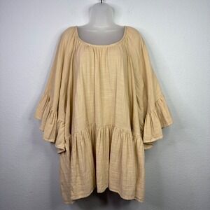 Myrah Penaloza Brida Dress OS Tan Gauze Tiered Handmade Boho Luxury Lagenlook